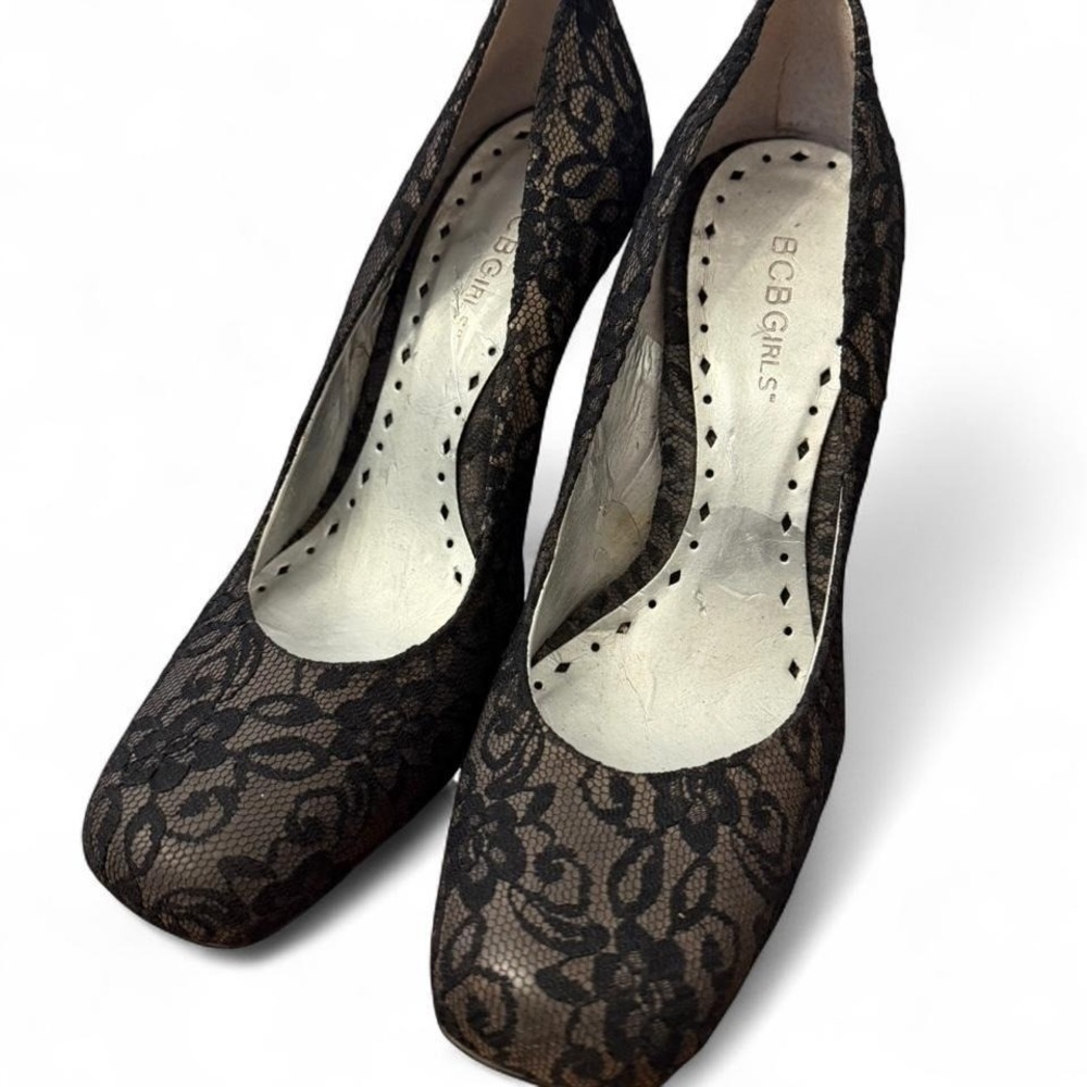 BCBGirls Black Lace Square Toe Pumps Stiletto Heels Floral Evening Shoes Size 7B